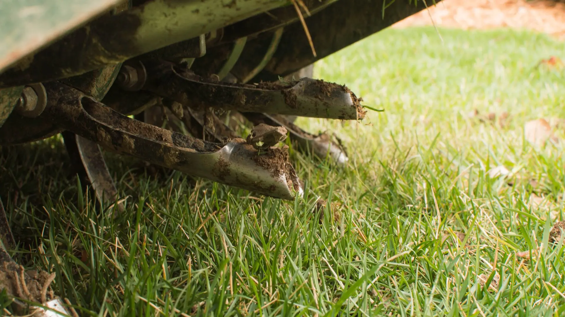 Core aerator machine aerating lawn in Des Moines, IA.