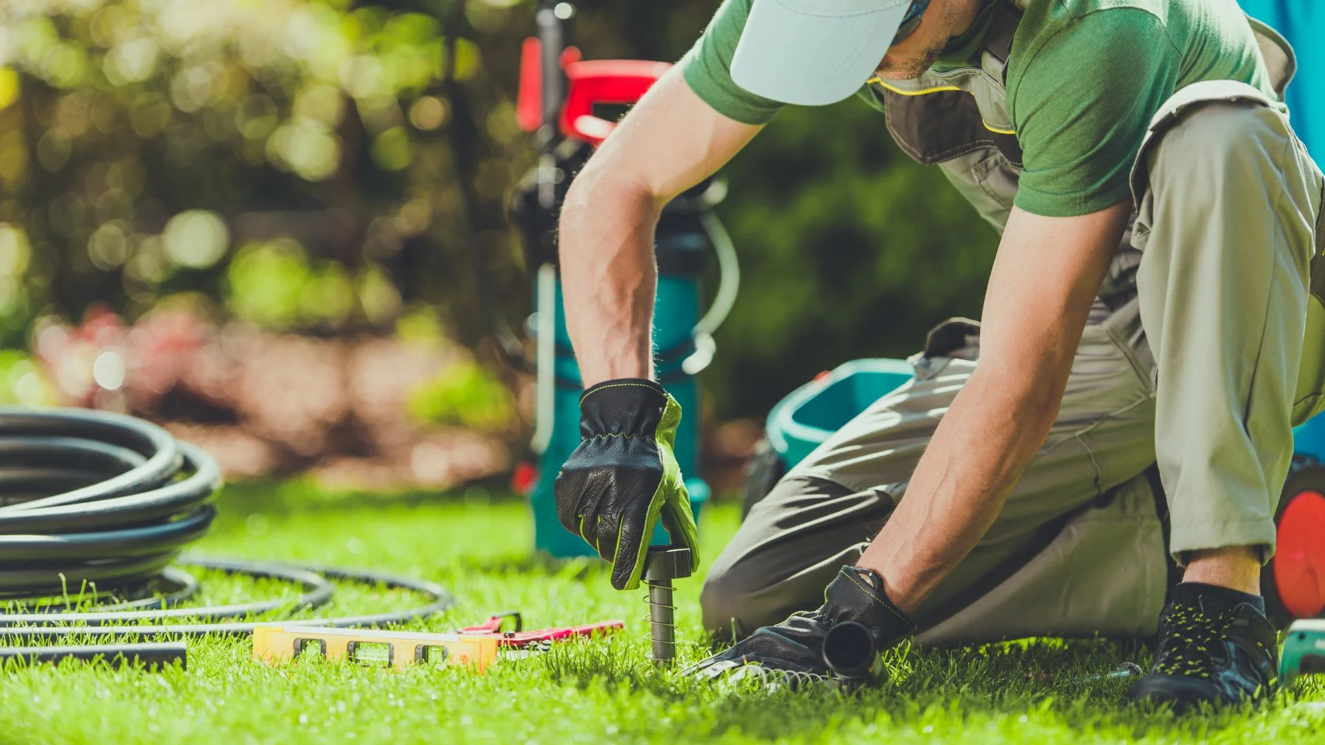 Professional installing a new irrigation system for a lawn in Ankeny, IA.