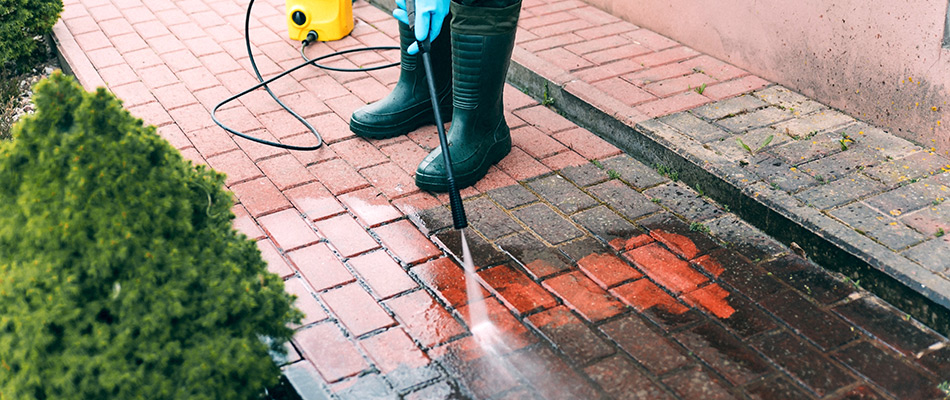 Professional cleaning and sealing pavers removing dirt and grime.
