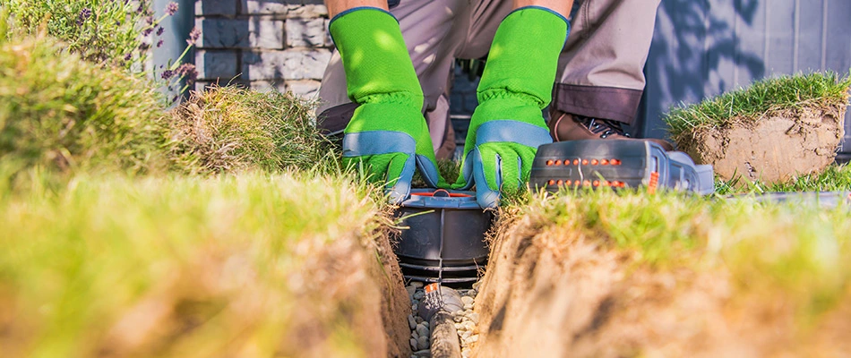 Professional installing a lawn irrigation system in the ground in the Norwalk, IA area.