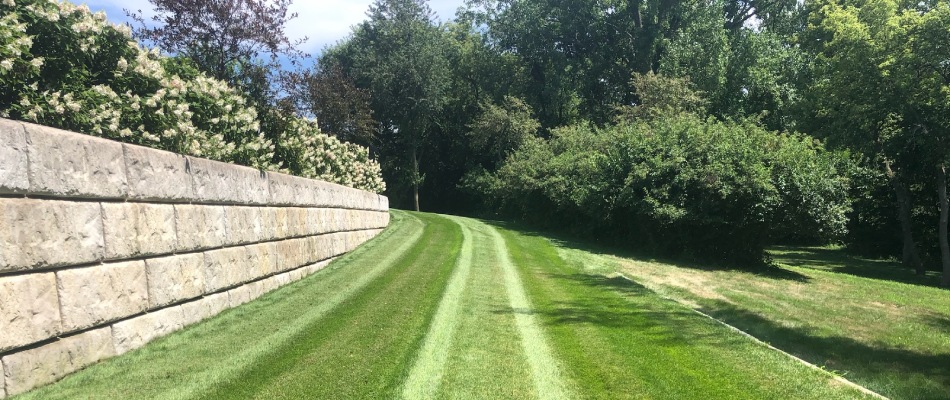 Freshly mowed lawn beside retaining wall with landscaping done in Urbandale, IA.
