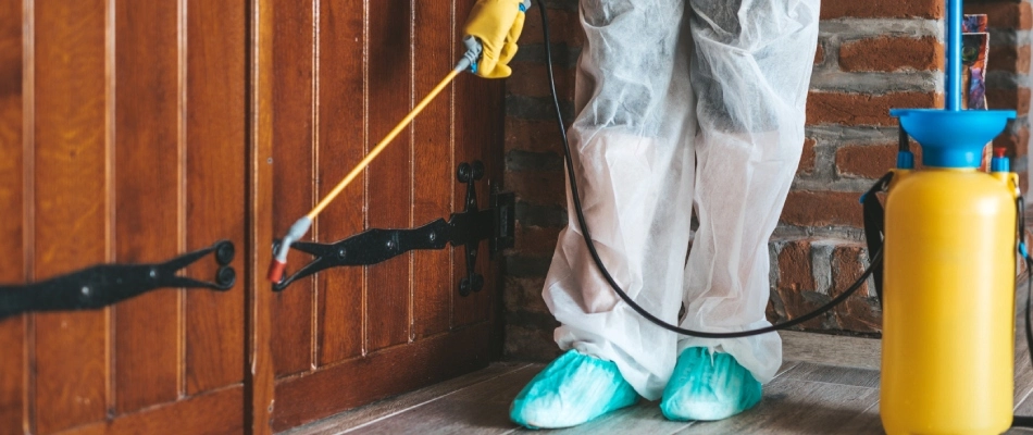 Perimeter pest control being applied to exterior of home in West Des Moines, IA.