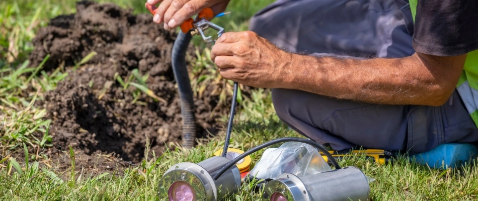 Professional repairing a broken light outside in Des Moines, IA.