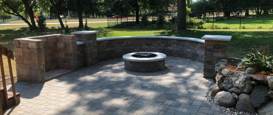 Seating wall installed for fire pit project in Waukee, IA.