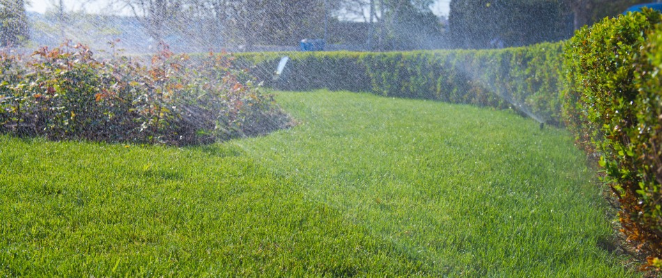 Sprinkler mists near hedges in Grimes, IA.