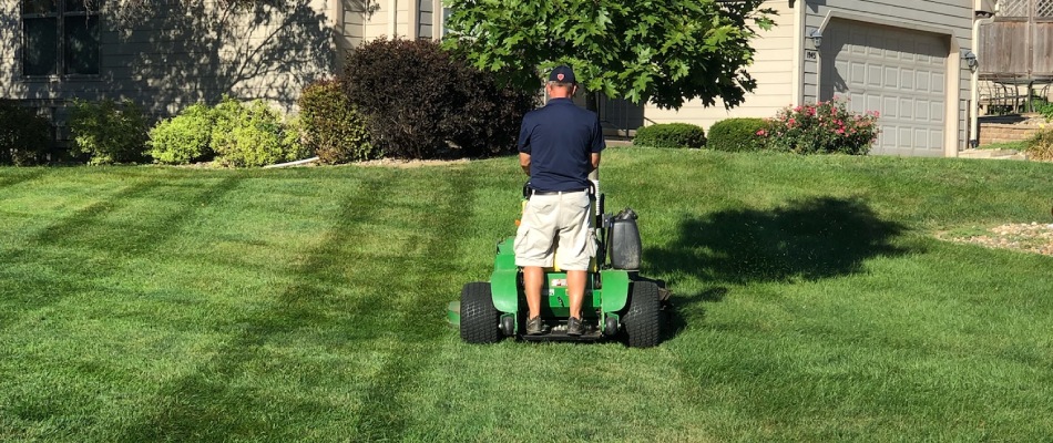 Ultimate employee mowing lawn in Des Moines, IA.